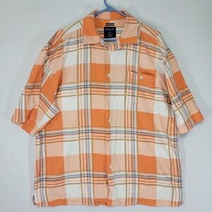 TRUST Men's Short Sleeve Button Down Shirt Orange Plaid Linen Rayon Size XXL‎